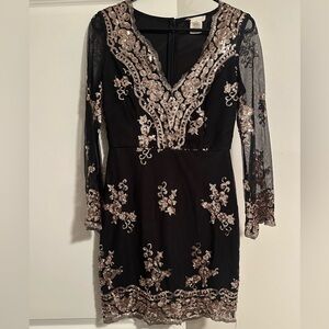 New Altar'd State black mini dress with champagne-colored sequin embellishments